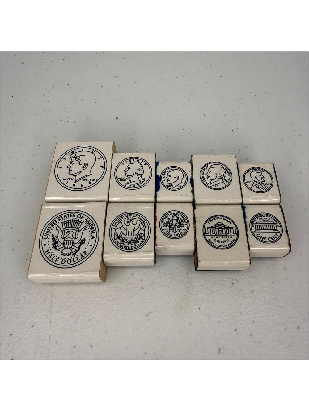 Vintage Coin Rubber Stamp Set Kennedy 1/2 Dollar Quarter Dime Nickel Penny 10 Pc